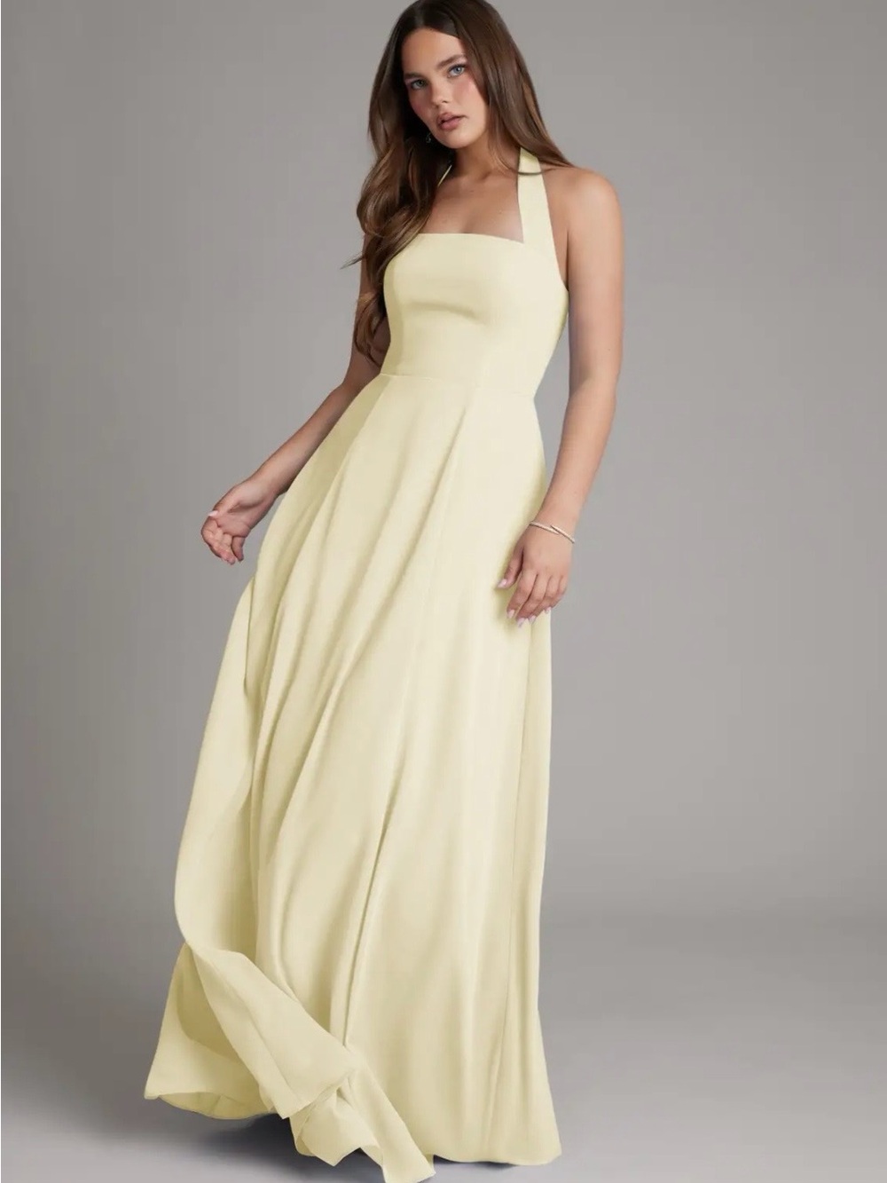 Azazie Irina Pale Halter A-Line Maxi Dress. Lemon Sorbet